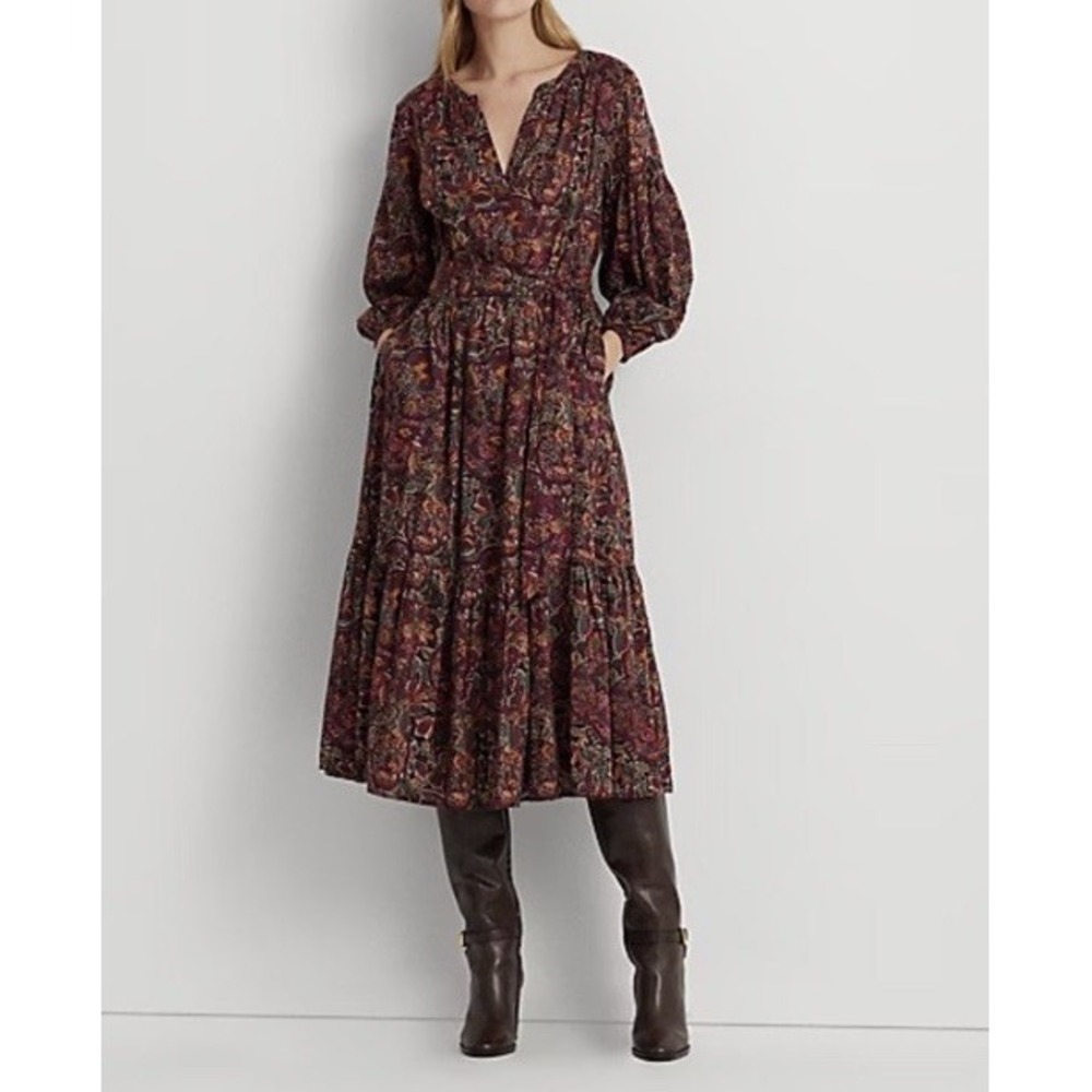 Lauren Ralph Lauren Floral Cotton Voile Tiered Maxi Dress Women 16 Burgundy